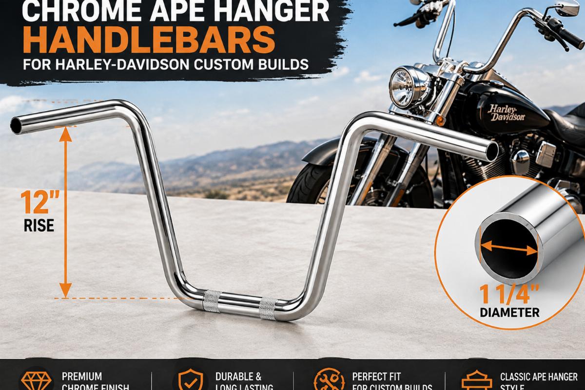 Chrome ape hanger handlebars for harley-davidson custom builds showing 12 inch rise and 1 1/4 inch diameter