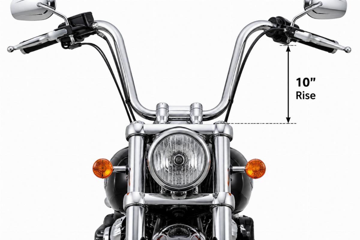Chrome ape hanger handlebars motorcycle aftermarket front view showing 10 inch rise