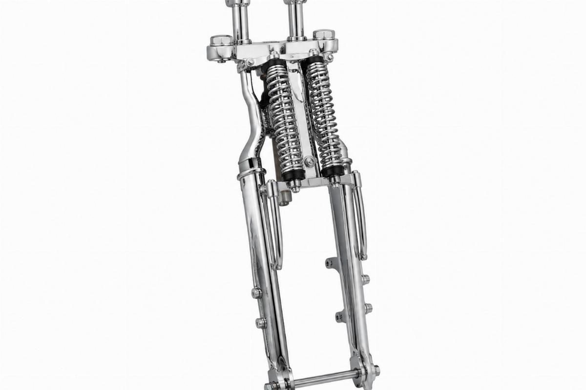 Chrome complete inline spring fork assembly for flsts showing top tree and risers