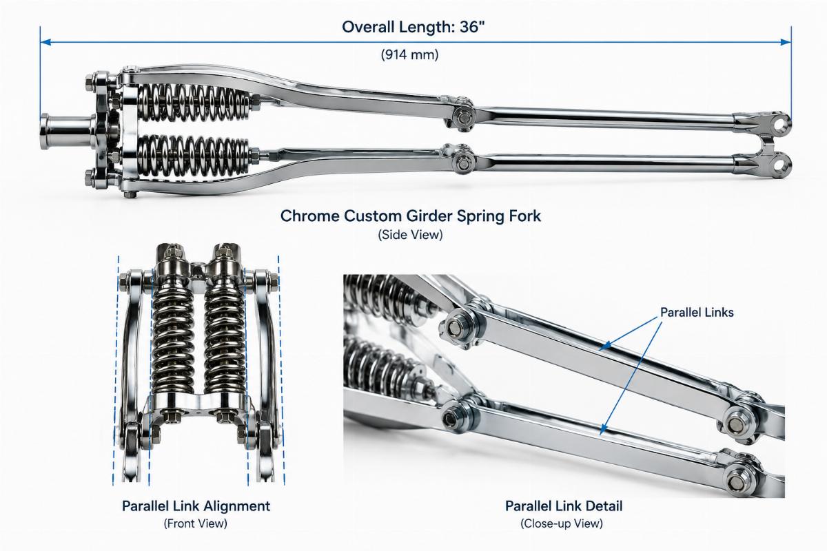 Chrome custom girder spring fork showing overall 36-inch length and parallel link alignment