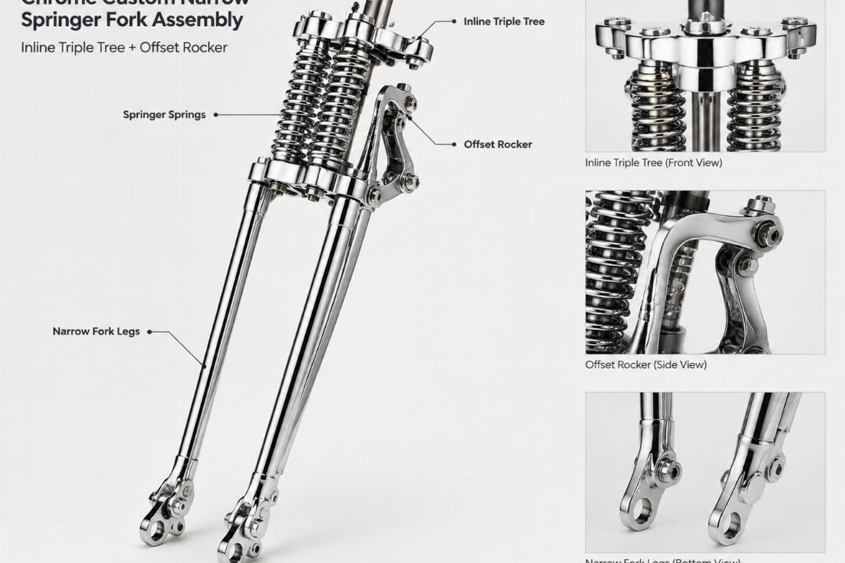 Chrome custom narrow springer fork assembly showing inline triple tree and offset rocker