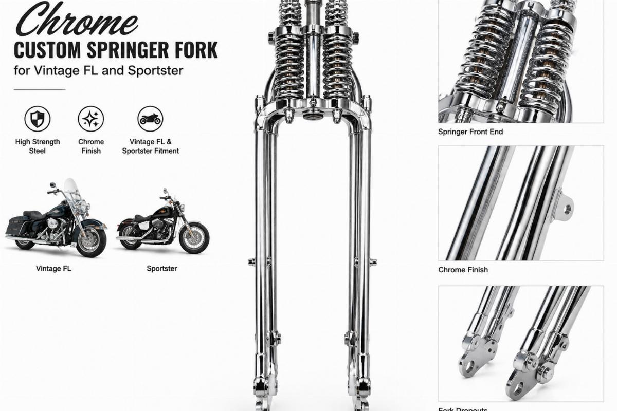 Chrome custom springer fork for vintage FL and Sportster front view