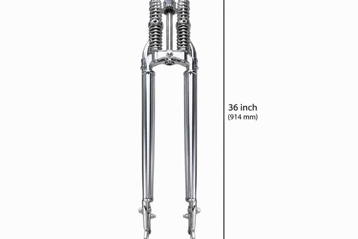 Chrome custom springer fork front view showing 36 inch length