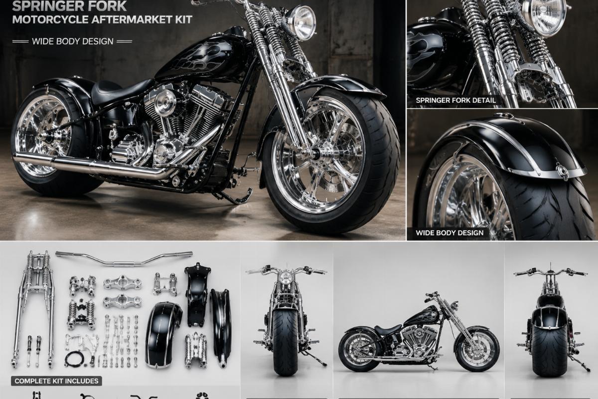 Chrome custom springer fork motorcycle aftermarket kit showing wide body design