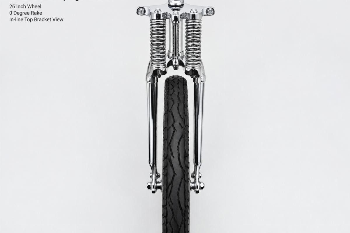 Chrome custom springer front end 26 inch with 0 degree rake in-line top bracket view