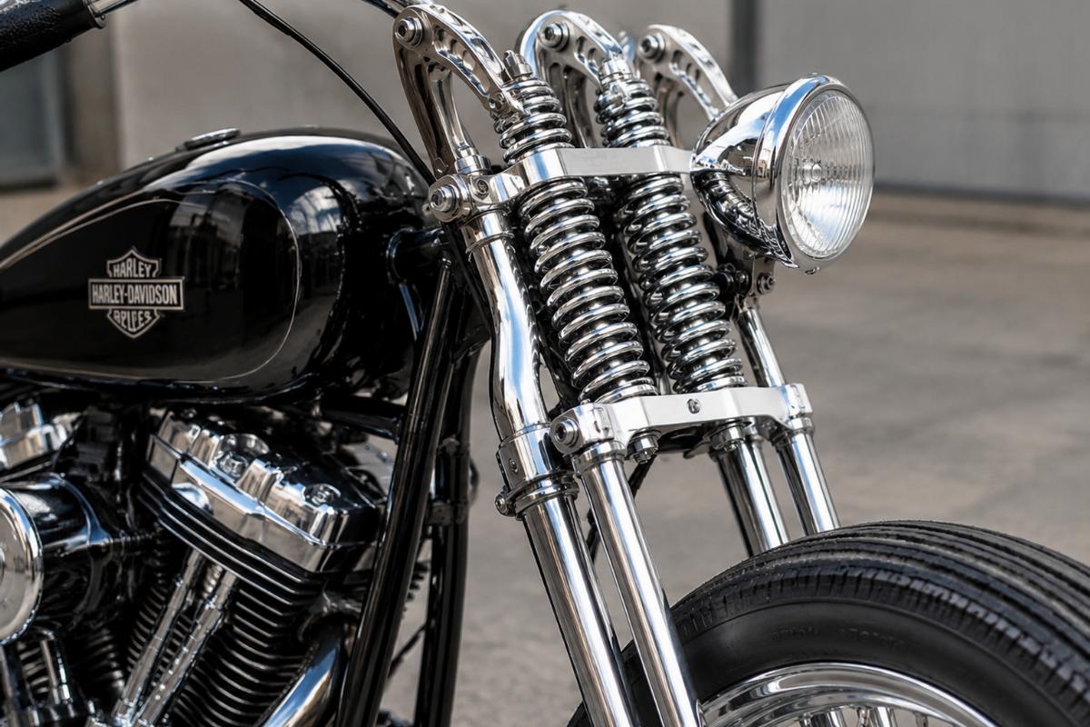 Chrome custom springer front end for Harley-Davidson showing forged rockers and inline top bracket