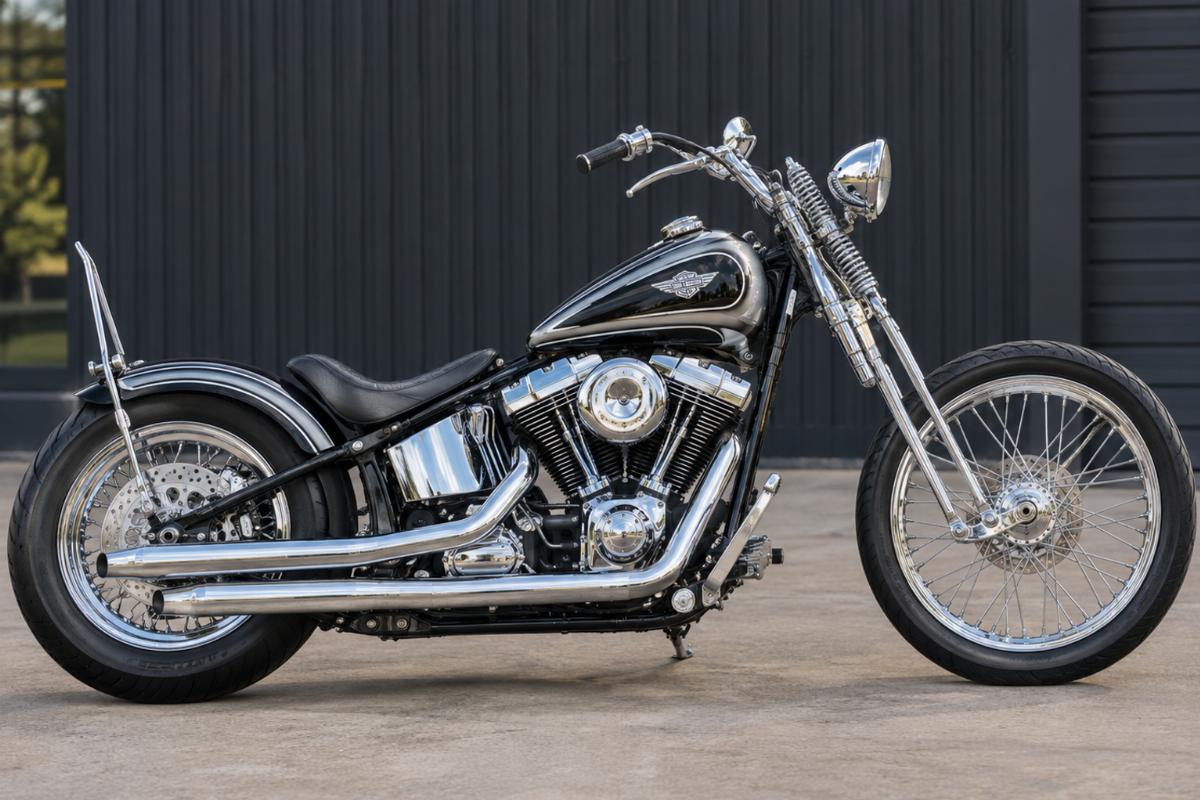 Chrome custom springer front end for softail side profile view