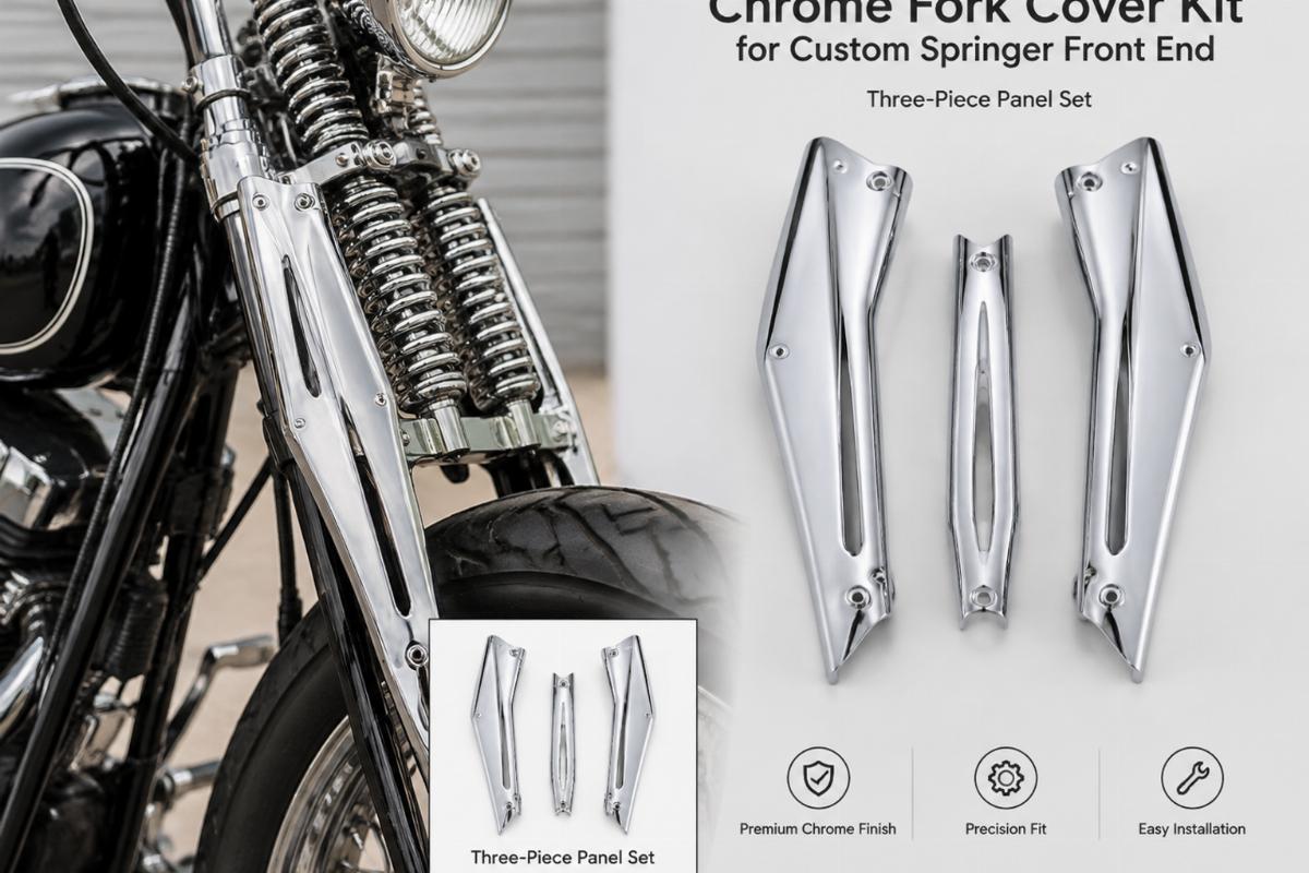 Chrome fork cover kit for custom springer front end showing three-piece panel set