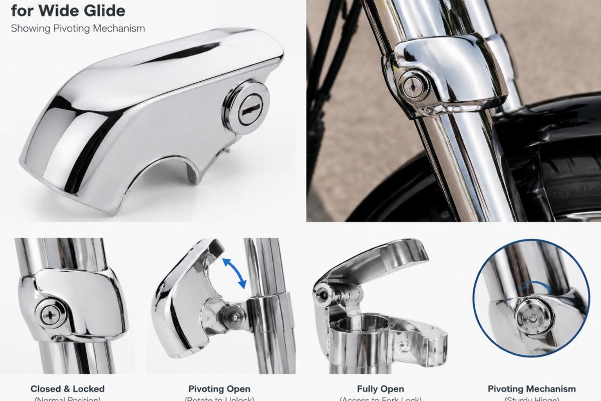 Chrome fork lock cover for Wide Glide showing pivoting mechanism