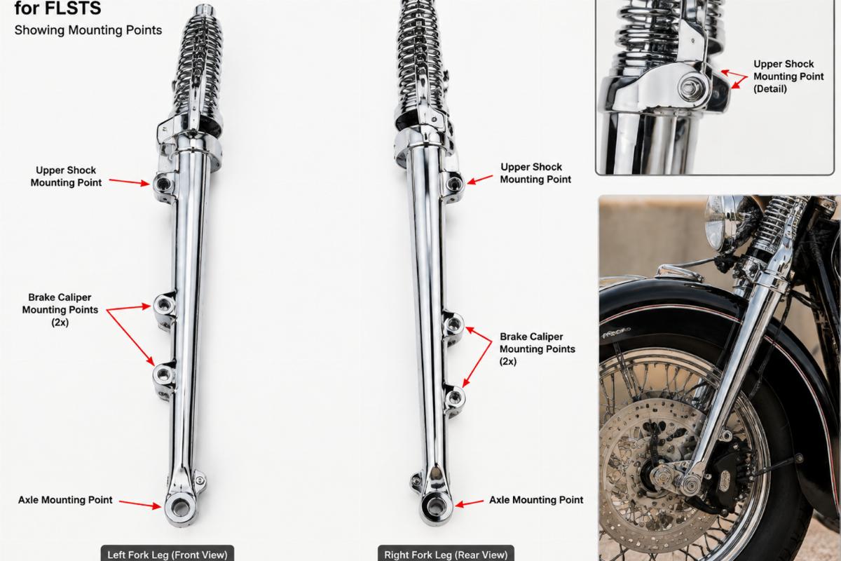 Chrome front spring fork leg for FLSTS showing mounting points