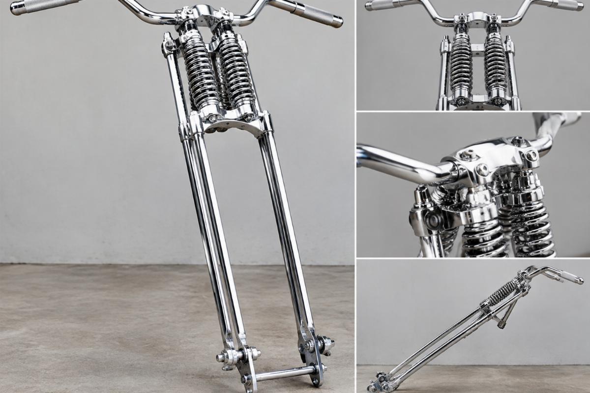 Chrome girder spring fork assembly for custom motorcycles showing integrated handlebars