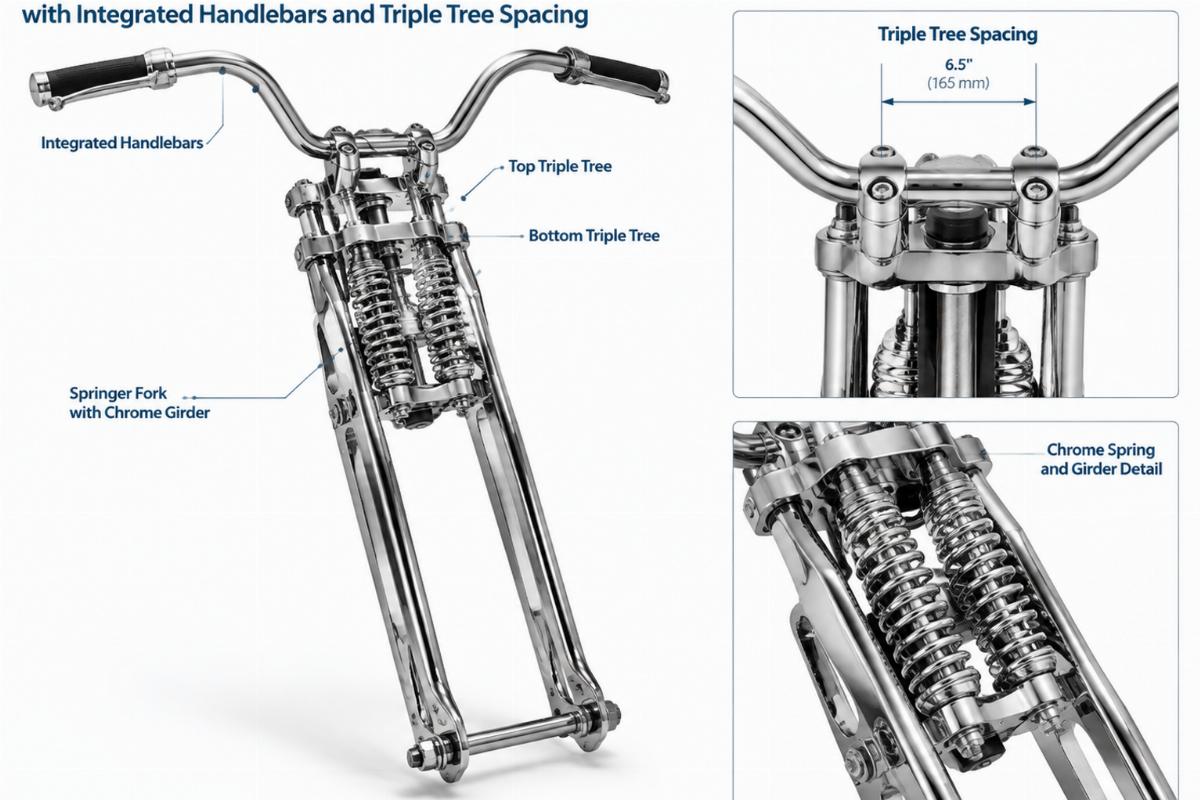 Chrome girder spring fork assembly showing integrated handlebars and triple tree spacing