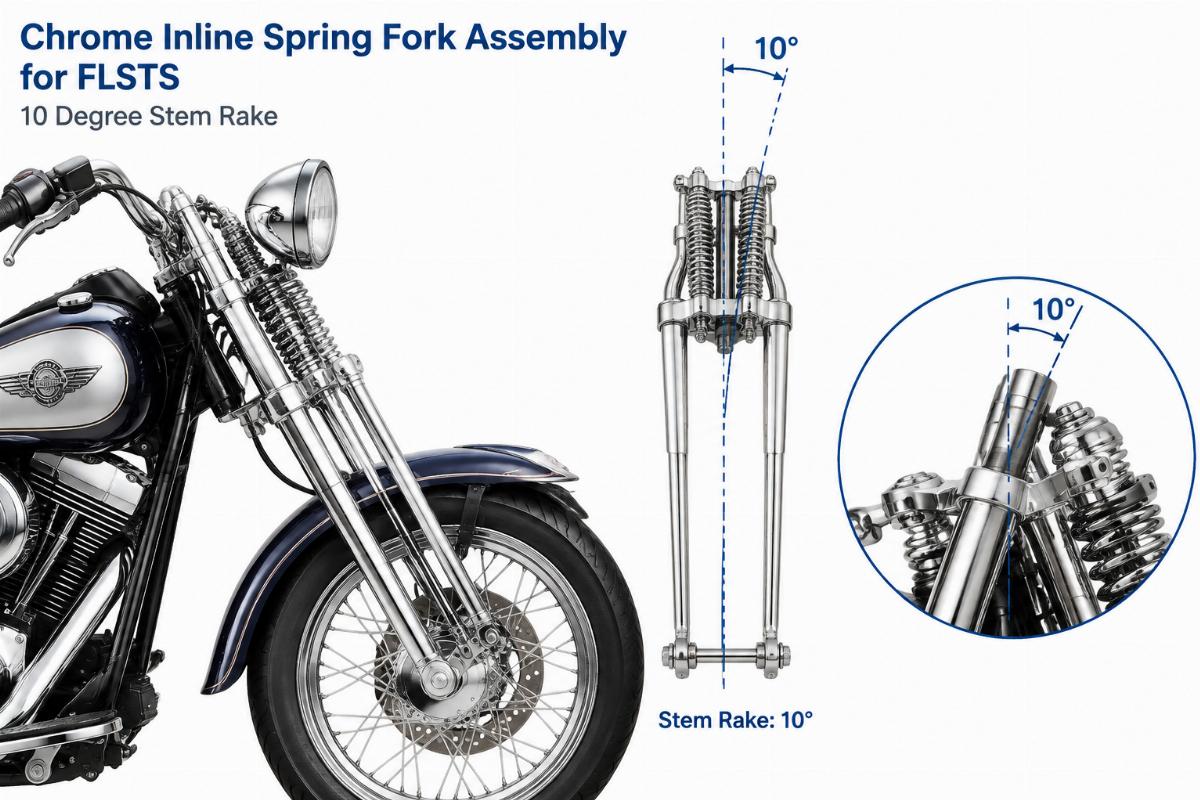 Chrome inline spring fork assembly for FLSTS showing 10 degree stem rake