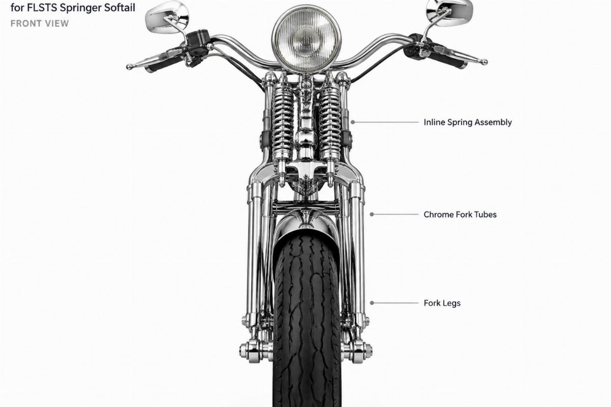 Chrome inline spring fork assembly for FLSTS Springer Softail showing front view