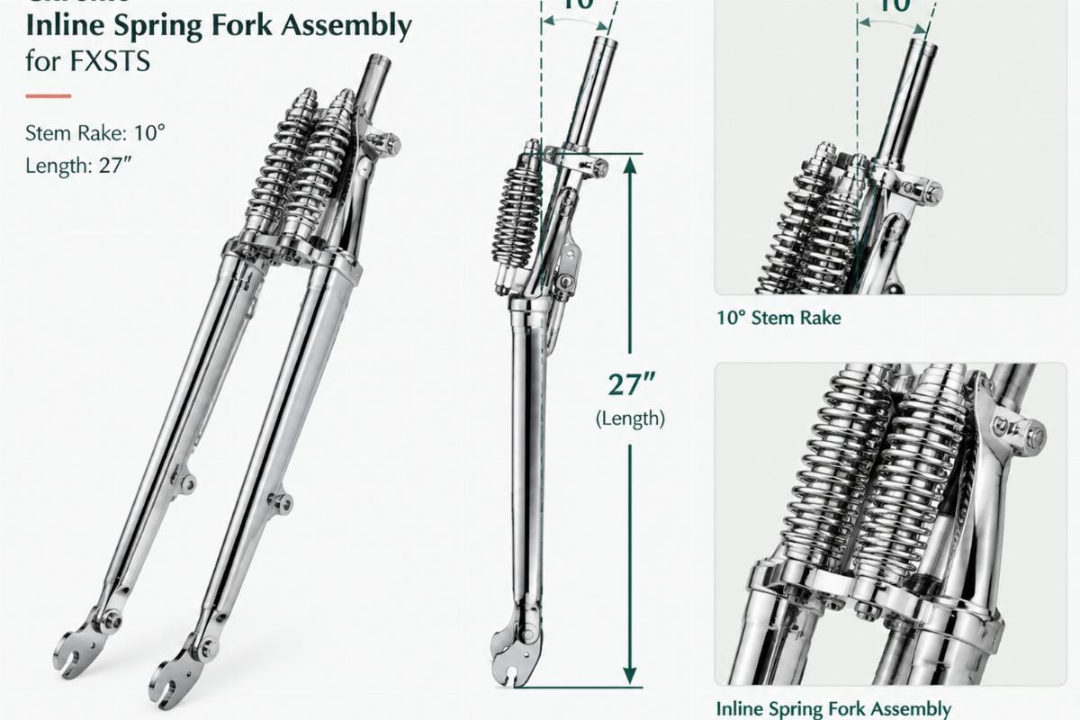 Chrome inline spring fork assembly for FXSTS showing 10 degree stem rake and 27 inch length
