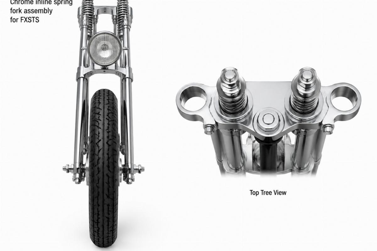 Chrome inline spring fork assembly for fxsts showing front profile and top tree
