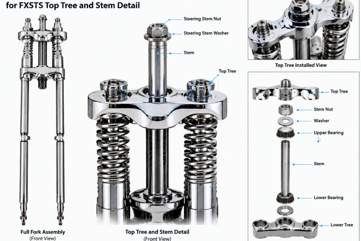 Chrome inline spring fork assembly for fxsts top tree and stem detail