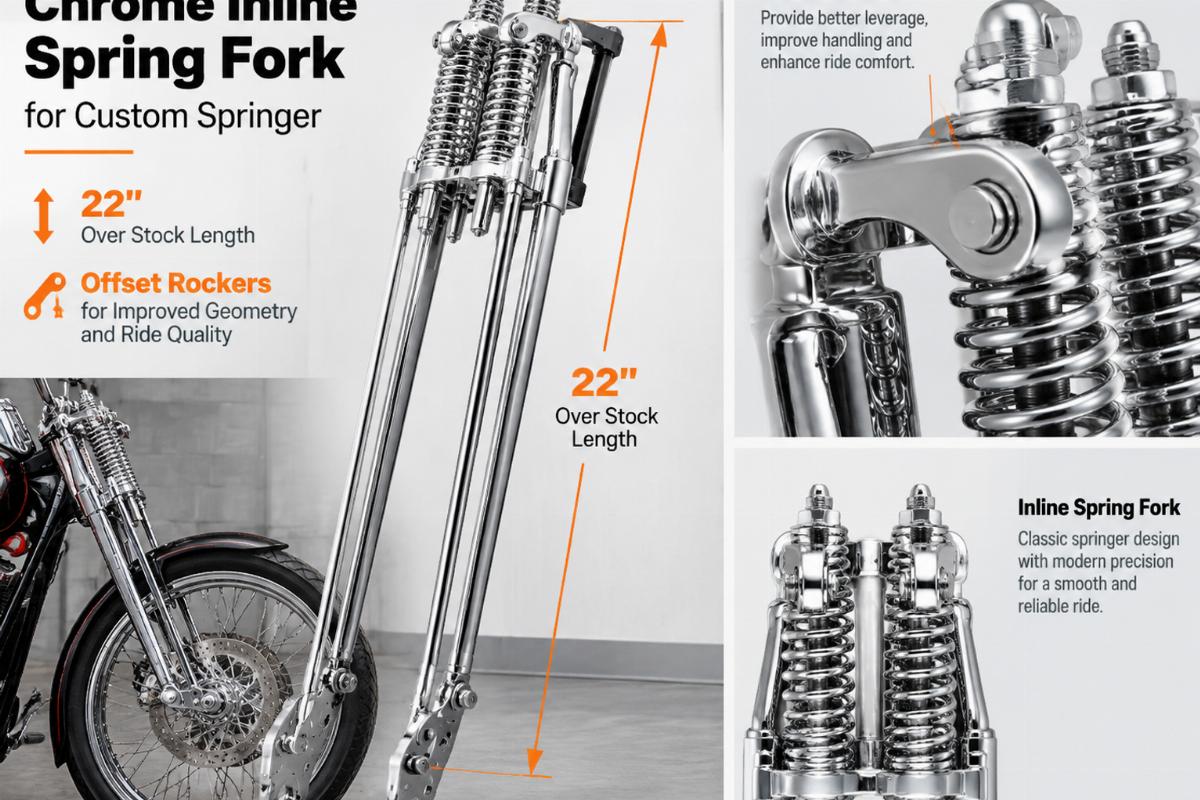 Chrome inline spring fork for custom springer showing 22 inch over stock length and offset rockers