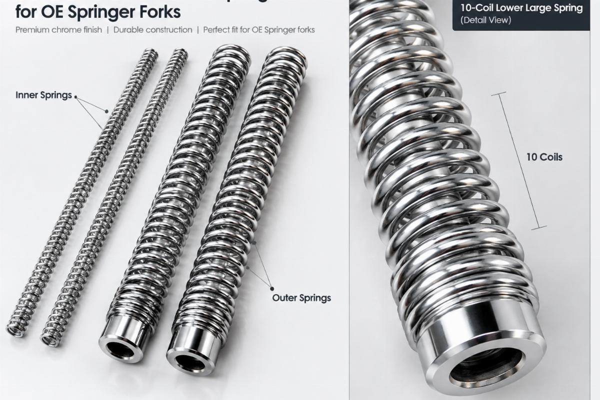 Chrome inner and outer springs for oe springer forks showing the 10-coil lower large spring detail