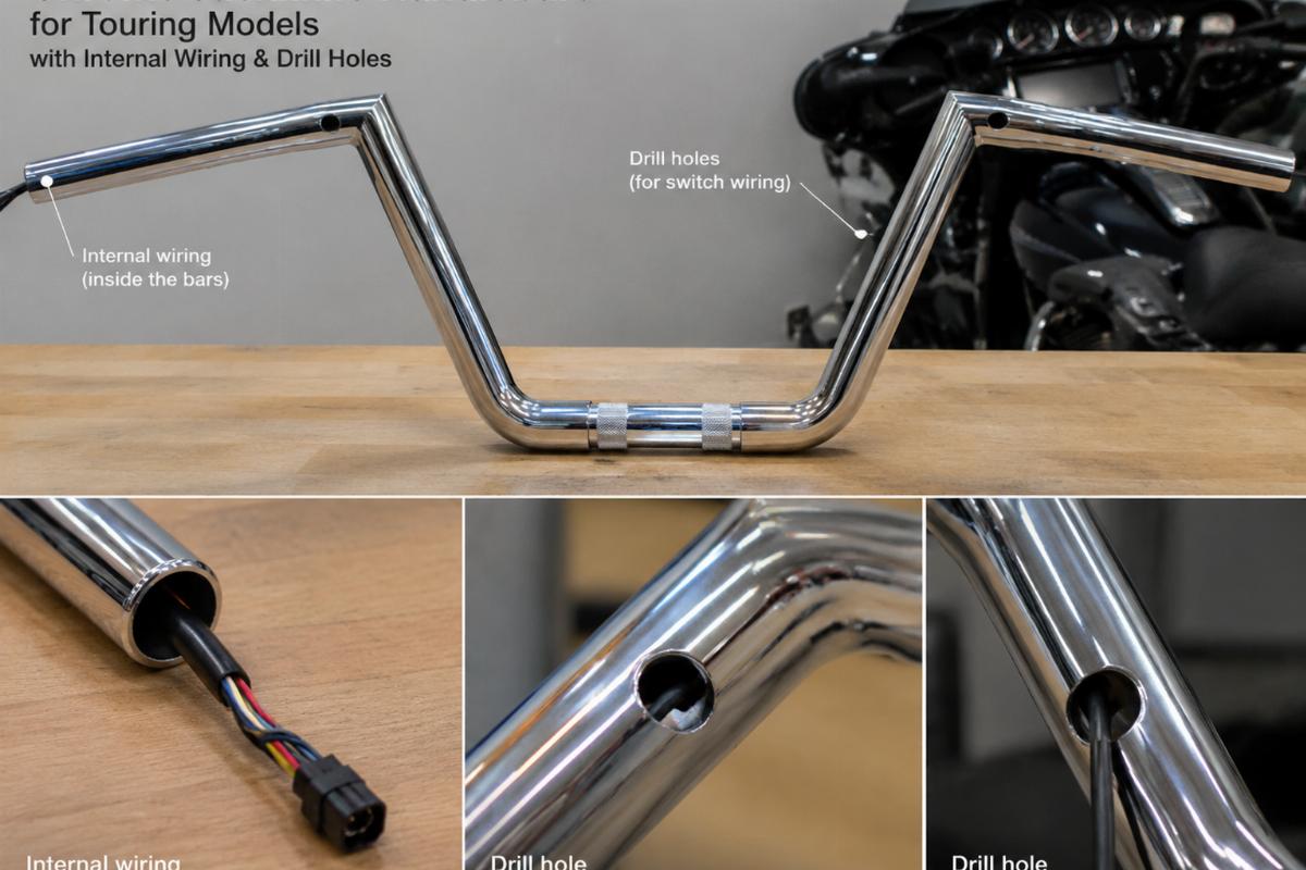 Chrome jackknife handlebars for touring models showing internal wiring drill holes