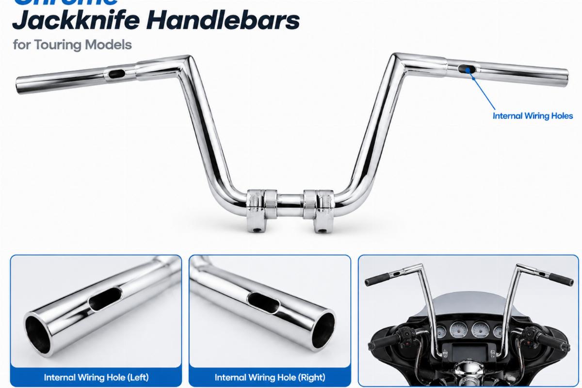 Chrome jackknife handlebars for touring models showing internal wiring holes