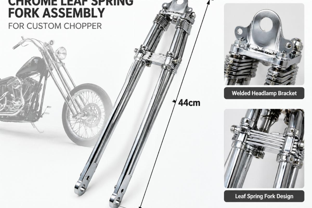 Chrome leaf spring fork assembly for custom chopper showing 44cm overall length and welded headlamp bracket