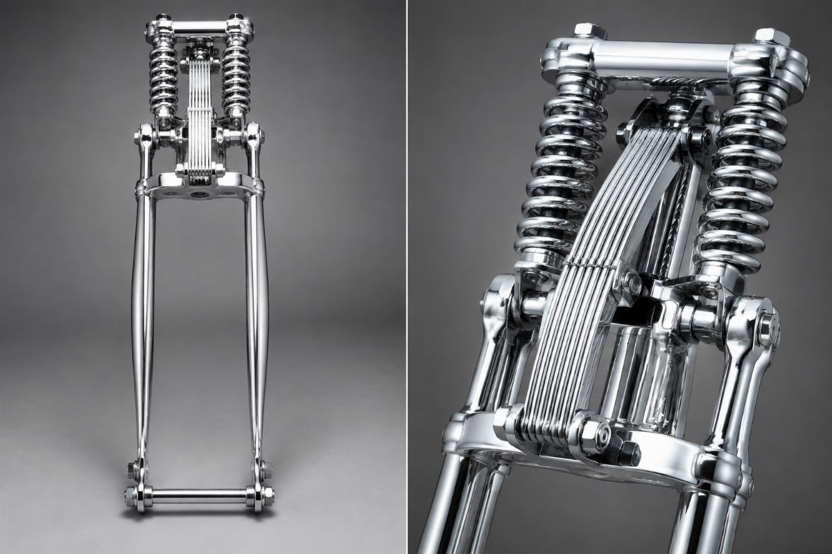 Chrome leaf spring fork assembly for custom chopper showing front view and finish