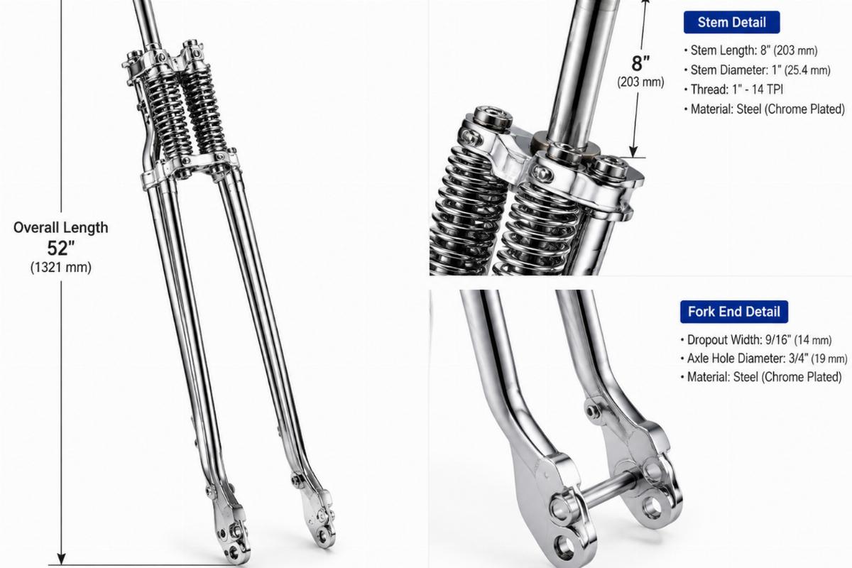 Chrome leaf spring fork assembly for custom chopper showing overall length and stem detail