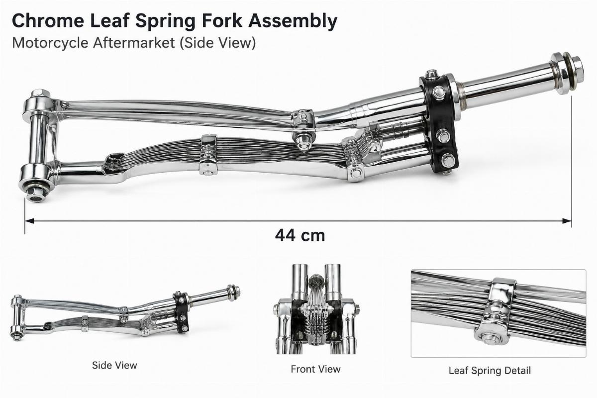 Chrome leaf spring fork assembly motorcycle aftermarket side view showing 44cm length