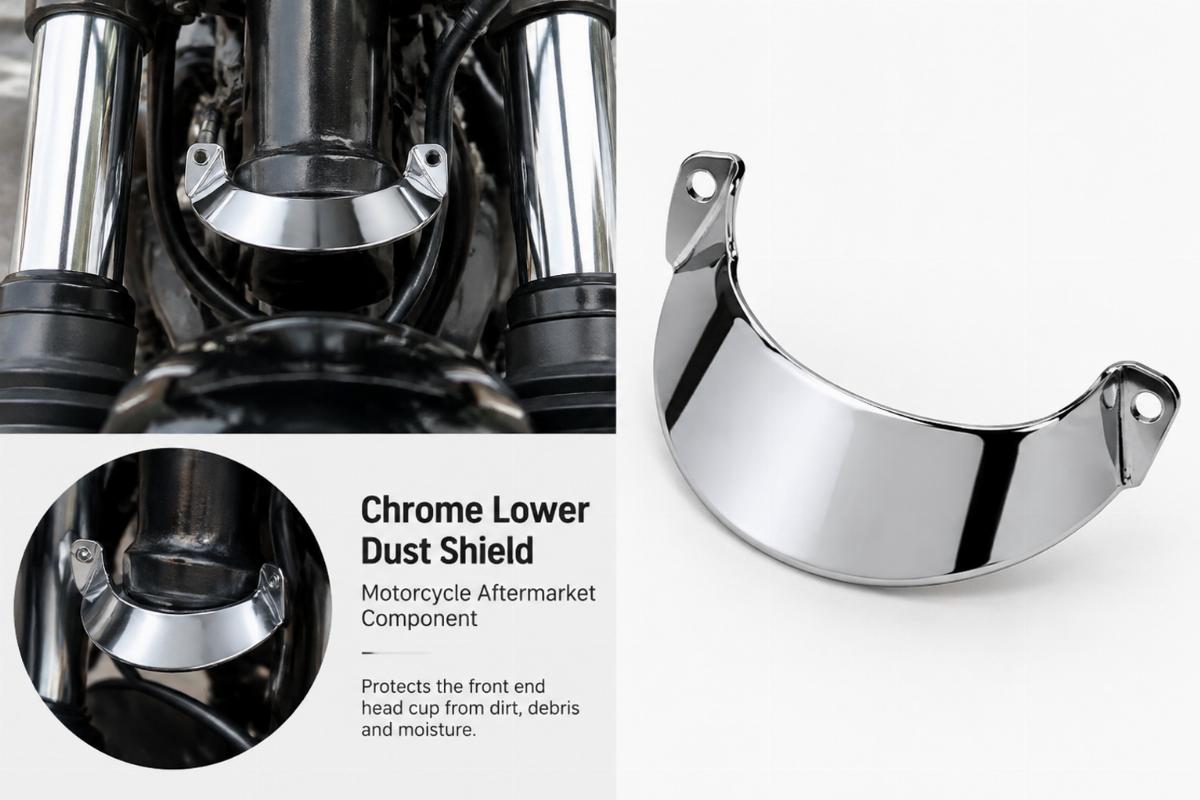 Chrome lower dust shield motorcycle aftermarket component for front end head cup