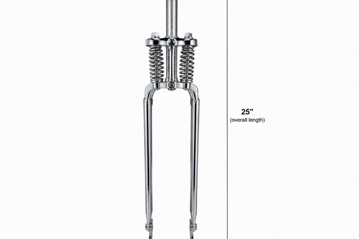 Chrome narrow spring fork assembly 25 inch overall length front view