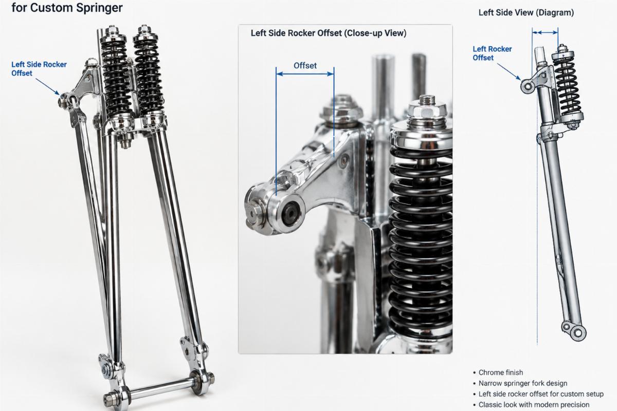 Chrome narrow spring fork assembly for custom springer showing left side rocker offset