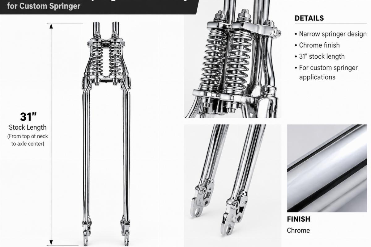 Chrome narrow spring fork assembly for custom springer showing 31 inch stock length and finish