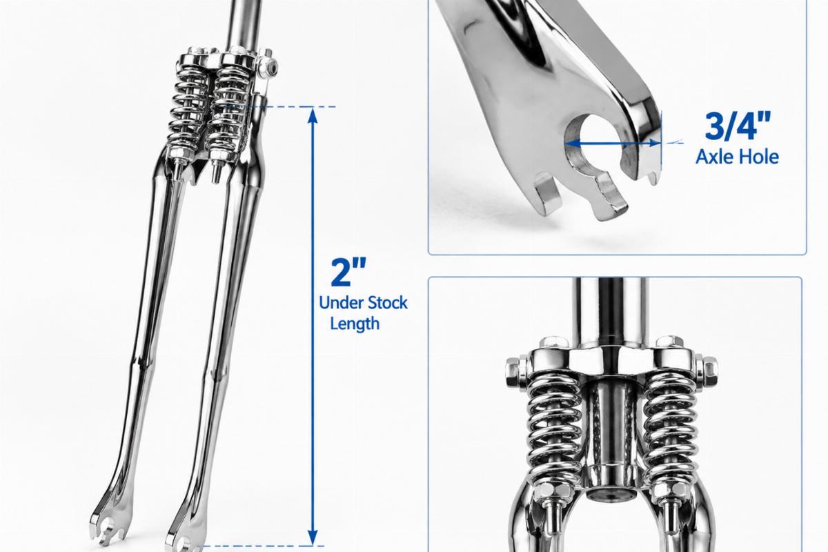 Chrome narrow spring fork assembly showing 3/4 inch axle hole and 2 inch under stock length