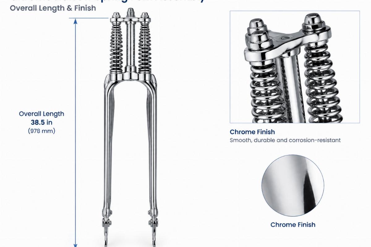 Chrome narrow spring fork assembly showing overall length and finish