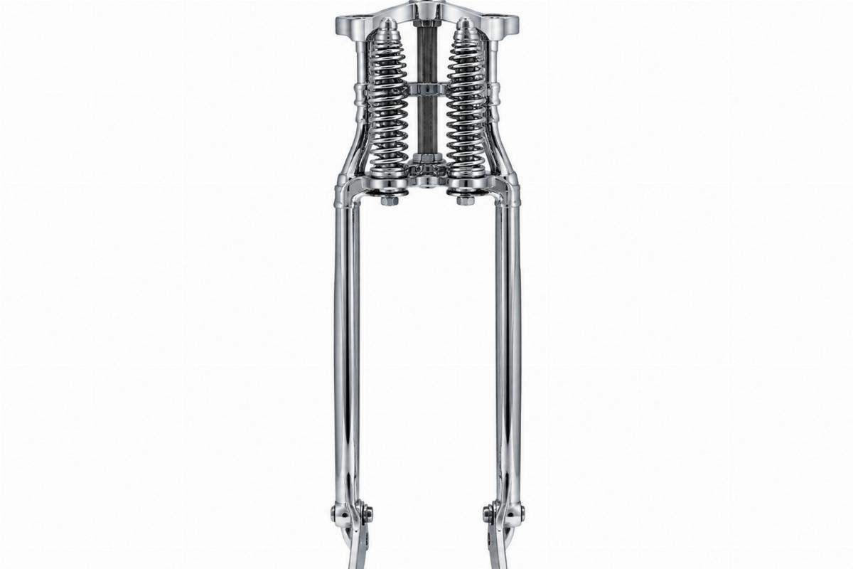 Chrome narrow springer fork assembly 23" front view showing earless top tree