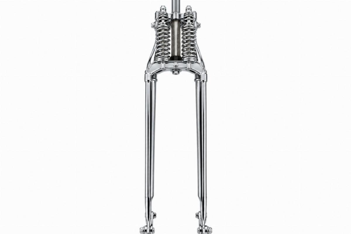 Chrome narrow springer fork assembly 23 inch stock length front view