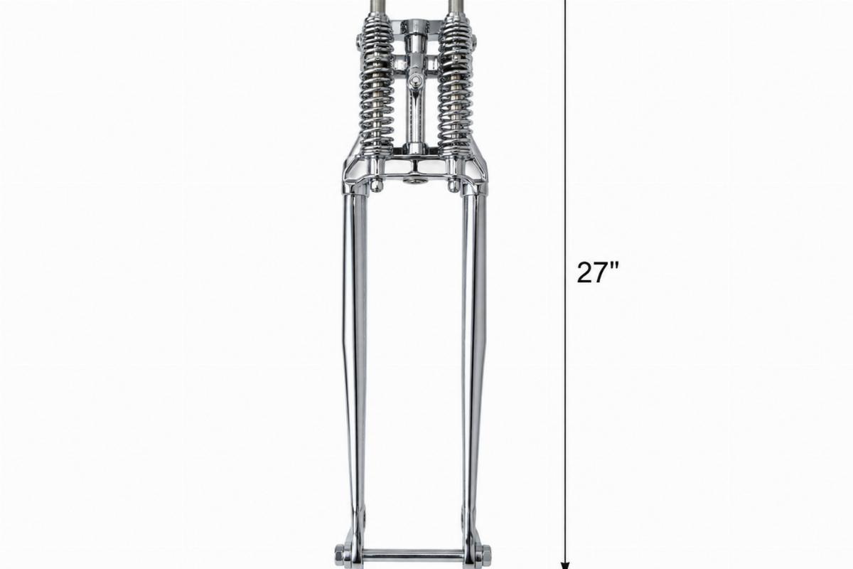 Chrome narrow springer fork assembly front view showing 27 inch overall length