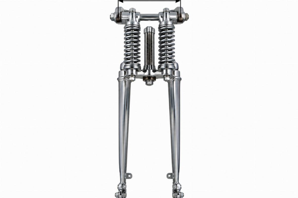 Chrome narrow springer fork assembly front view showing 6 inch rocker width