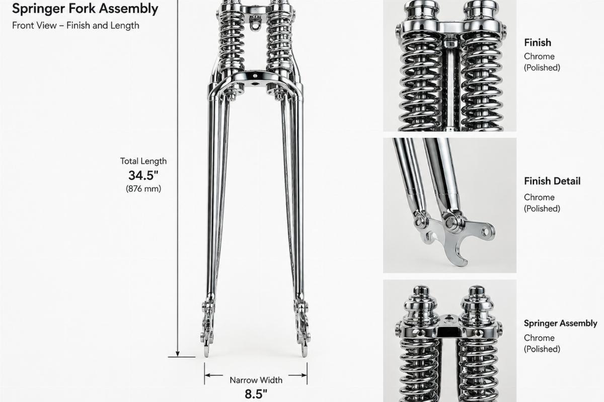 Chrome narrow springer fork assembly front view showing finish and length