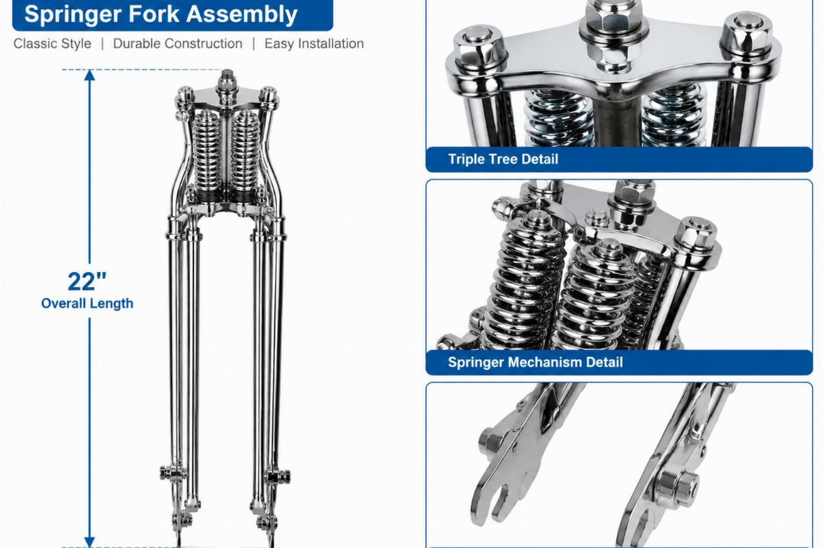 Chrome narrow springer fork assembly showing 22 inch overall length and triple tree detail