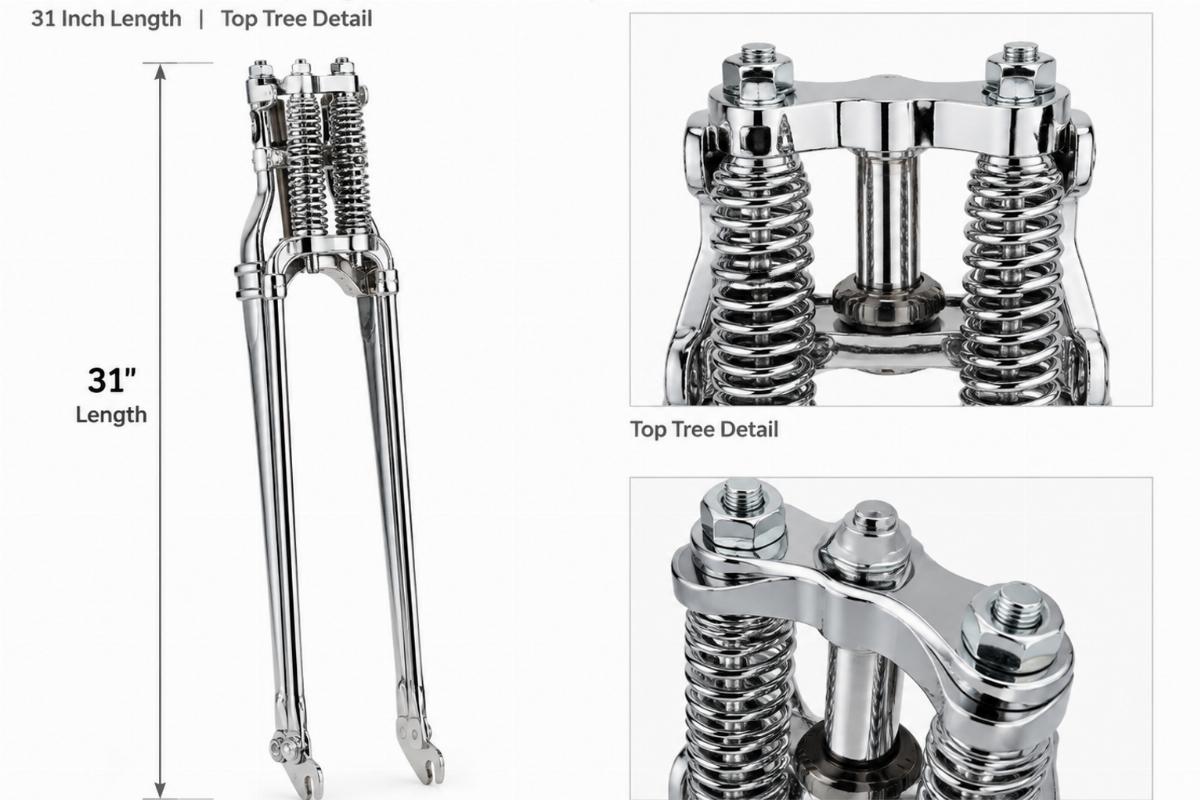 Chrome narrow springer fork assembly showing 31 inch length and top tree detail