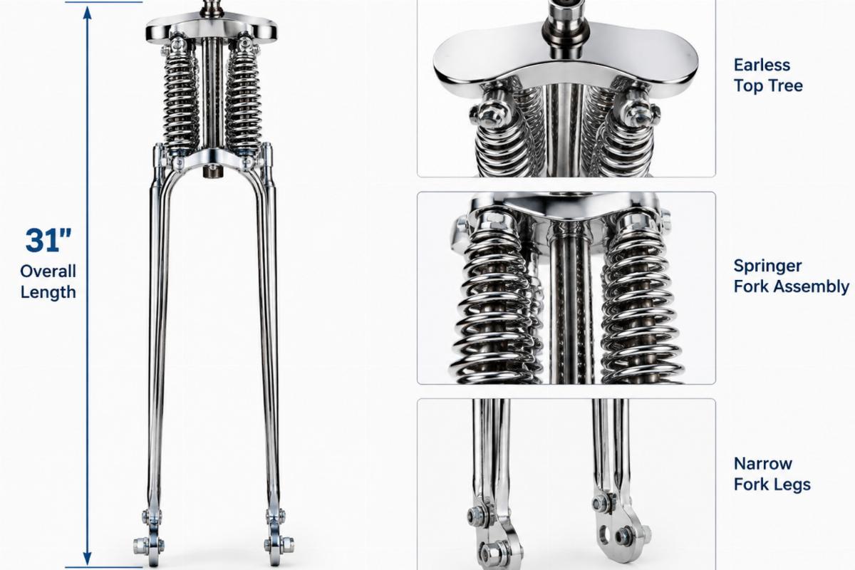 Chrome narrow springer fork assembly showing 31 inch overall length and earless top tree