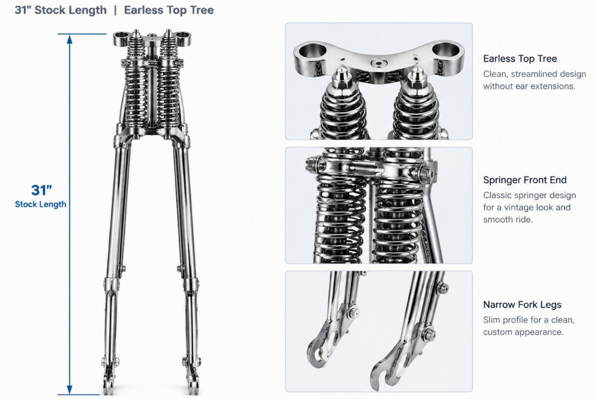 Chrome narrow springer fork assembly showing 31" stock length and earless top tree
