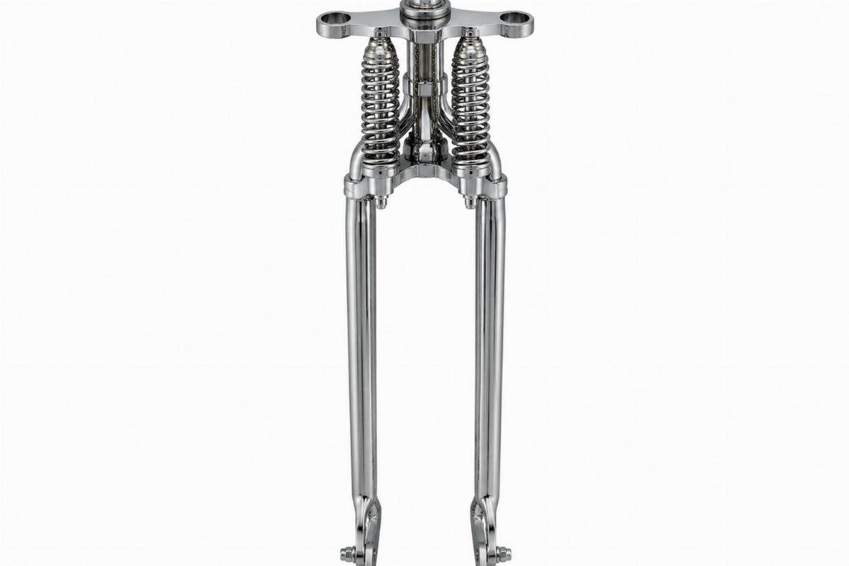 Chrome narrow springer fork assembly showing top tree without ears
