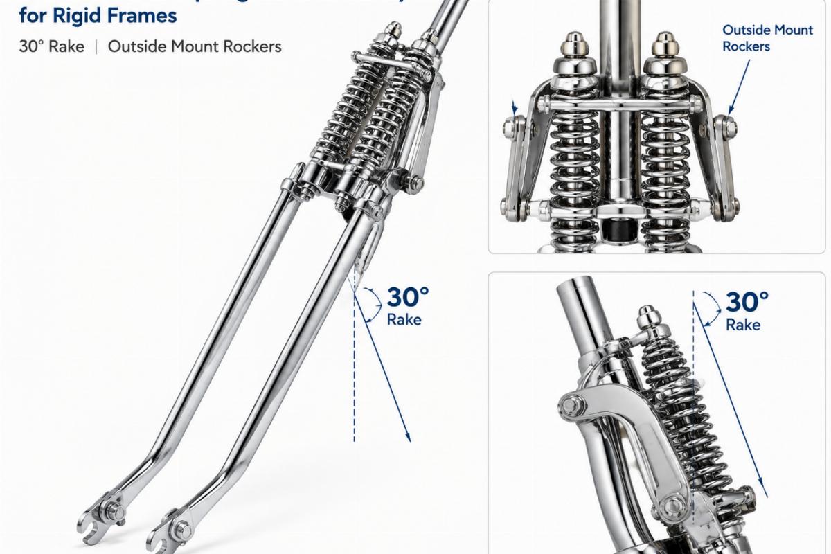 Chrome offset spring fork assembly for rigid frames showing 30 degree rake and outside mount rockers