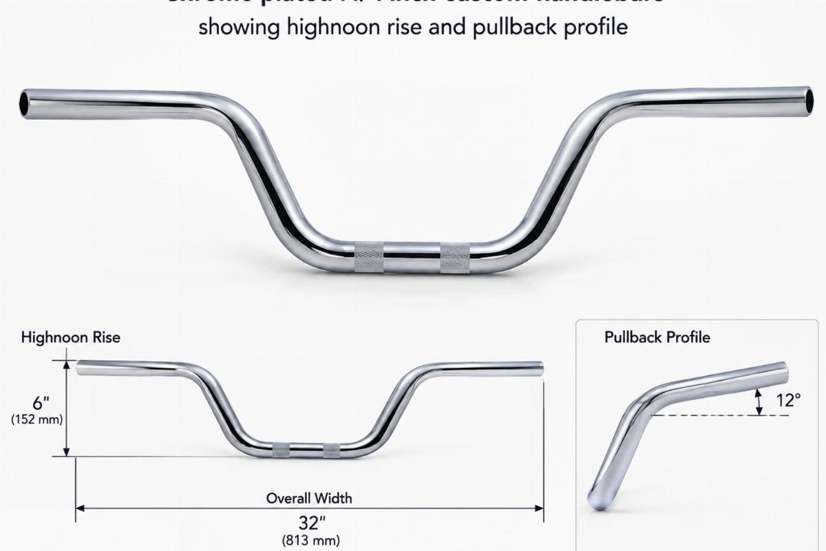 Chrome plated 1 1/4 inch custom handlebars showing highnoon rise and pullback profile