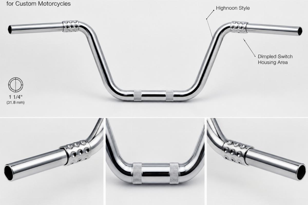 Chrome plated 1 1/4 inch handlebars for custom motorcycles showing highnoon style and dimpled switch housing area