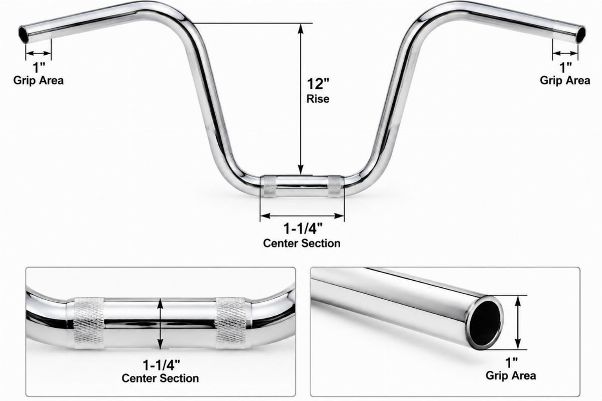 Chrome plated 12 inch rise handlebars showing 1-1/4 inch center section and 1 inch grip area