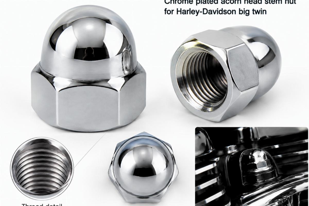 Chrome plated acorn head stem nut for harley-davidson big twin showing thread detail